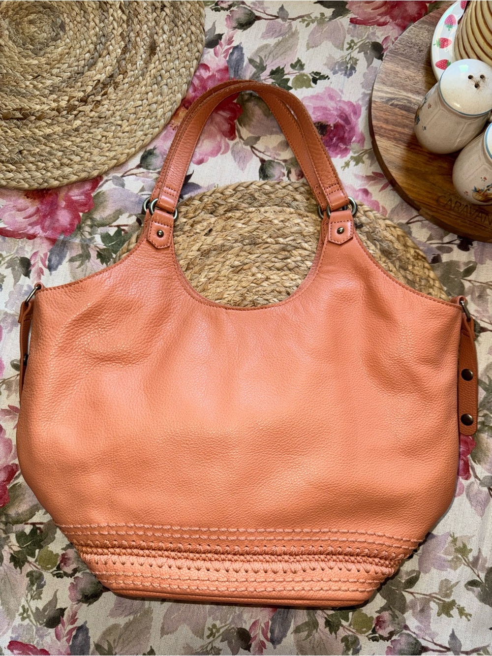 The Sak Coral Leather Tote with Braided Base Detail